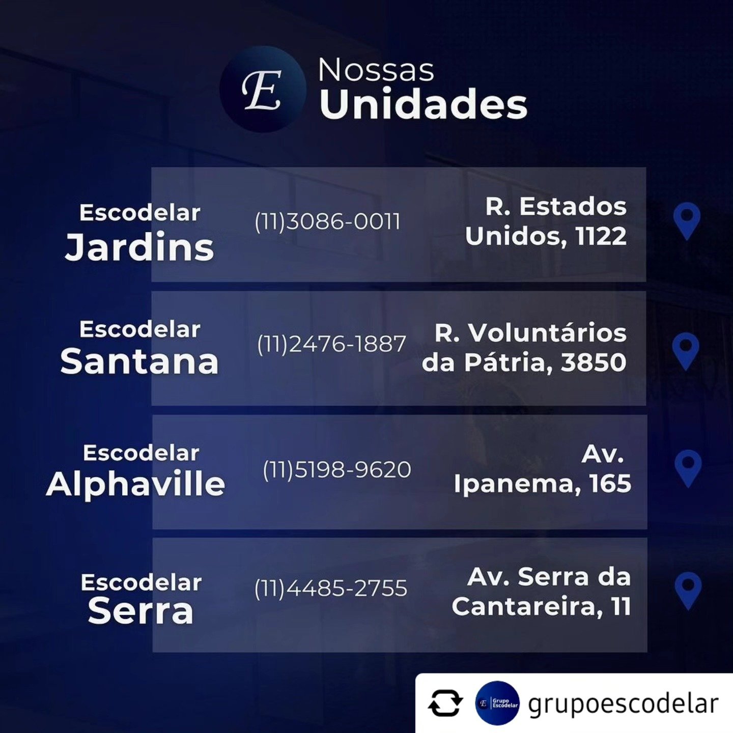 Conheça os endereços das unidades da @escodelar_imoveis . Você encontrará-me na unidade Santana.